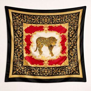 Vintage Made in Italy Leopard Print Scarf‎ | Red Black Gold Baroque Square